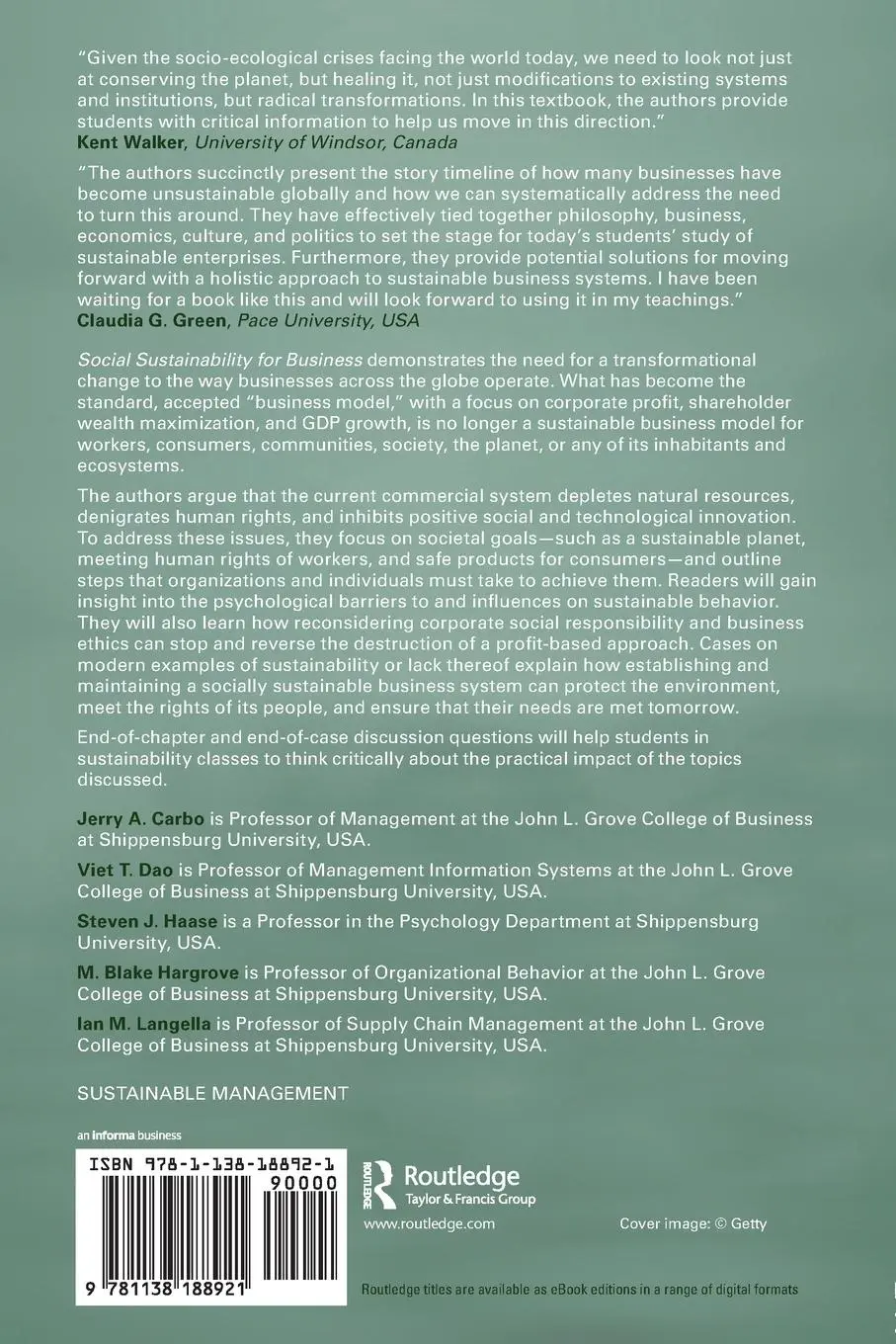 Rückseite: 9781138188921 | Social Sustainability for Business | Jerry A. Carbo (u. a.) | Buch