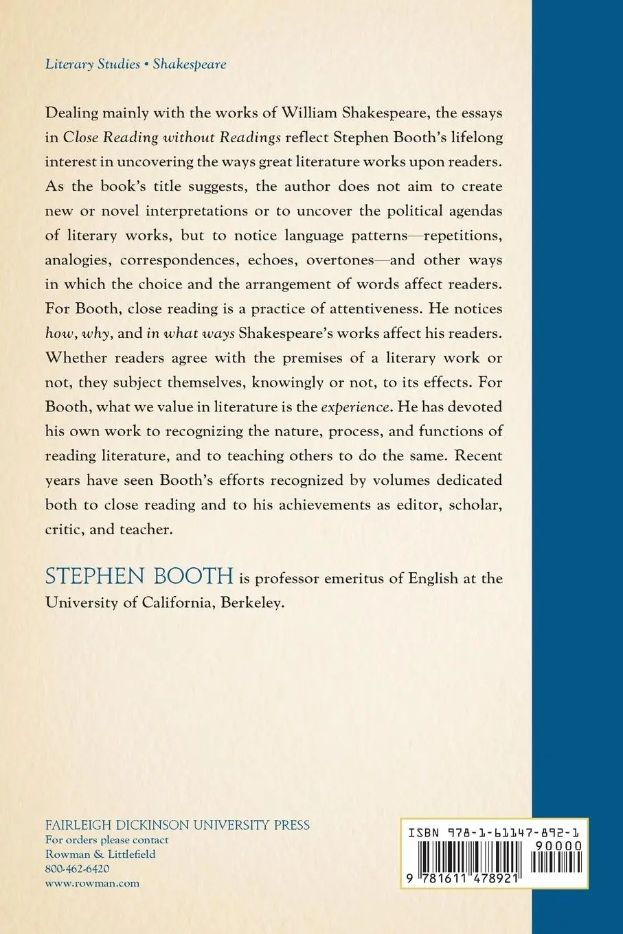 Rückseite: 9781611478921 | Close Reading without Readings | Essays on Shakespeare and Others