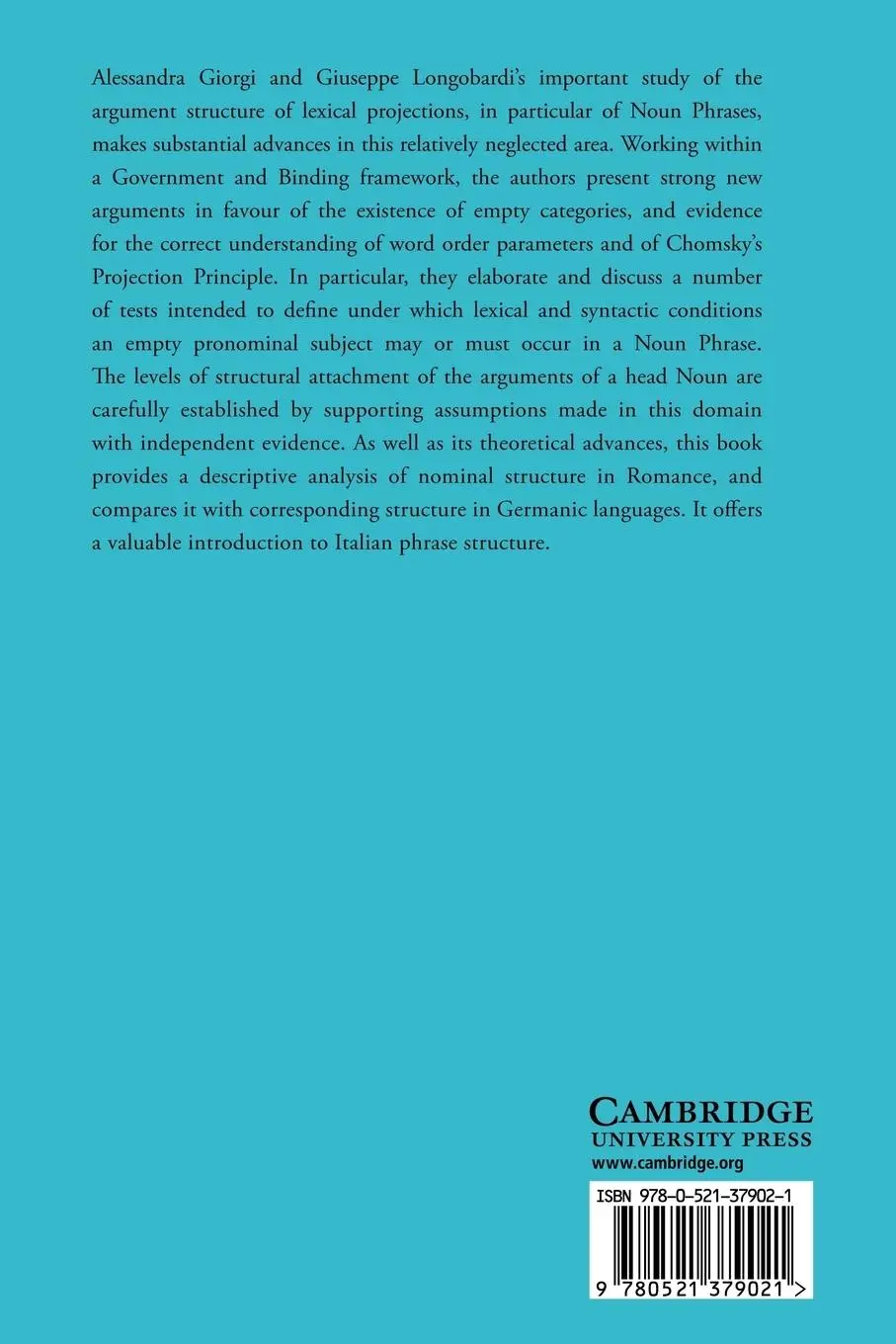 Rückseite: 9780521379021 | The Syntax of Noun Phrases | Alessandra Giorgi (u. a.) | Taschenbuch