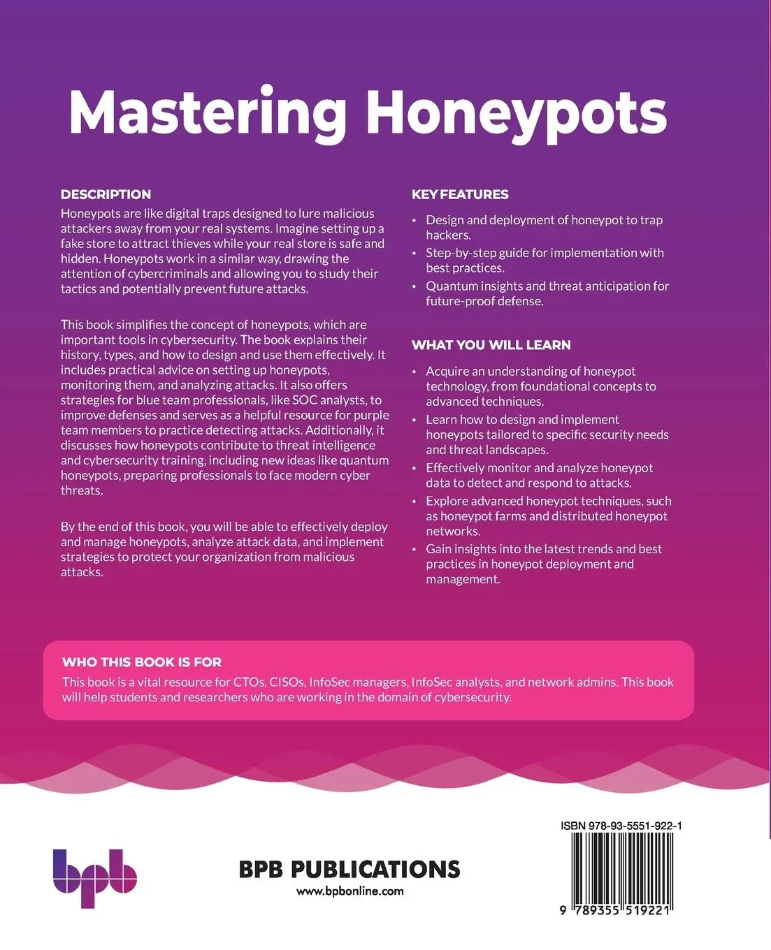 Rückseite: 9789355519221 | Mastering Honeypots | Mukesh Choudhary | Taschenbuch | Englisch | 2024