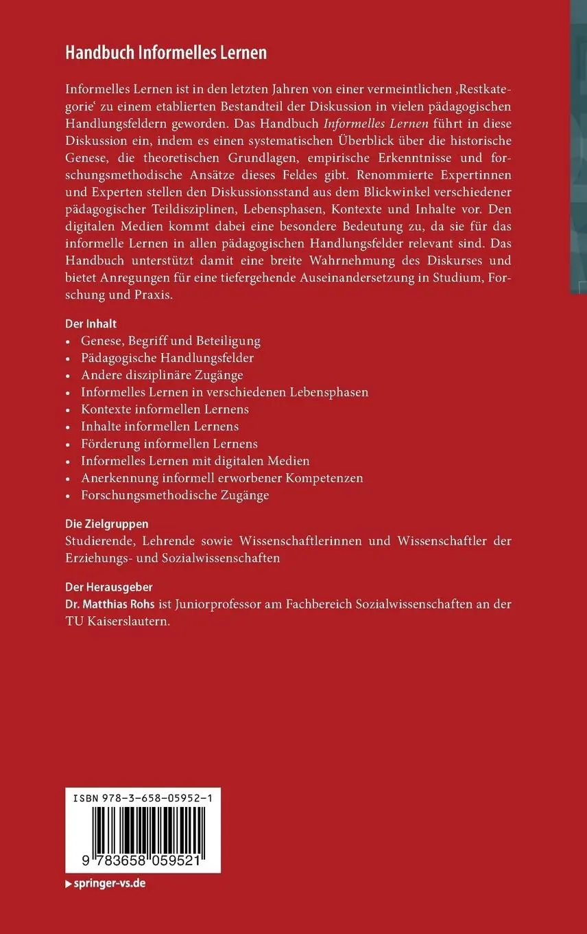 Rückseite: 9783658059521 | Handbuch Informelles Lernen | Matthias Rohs | Buch | xvii | Deutsch