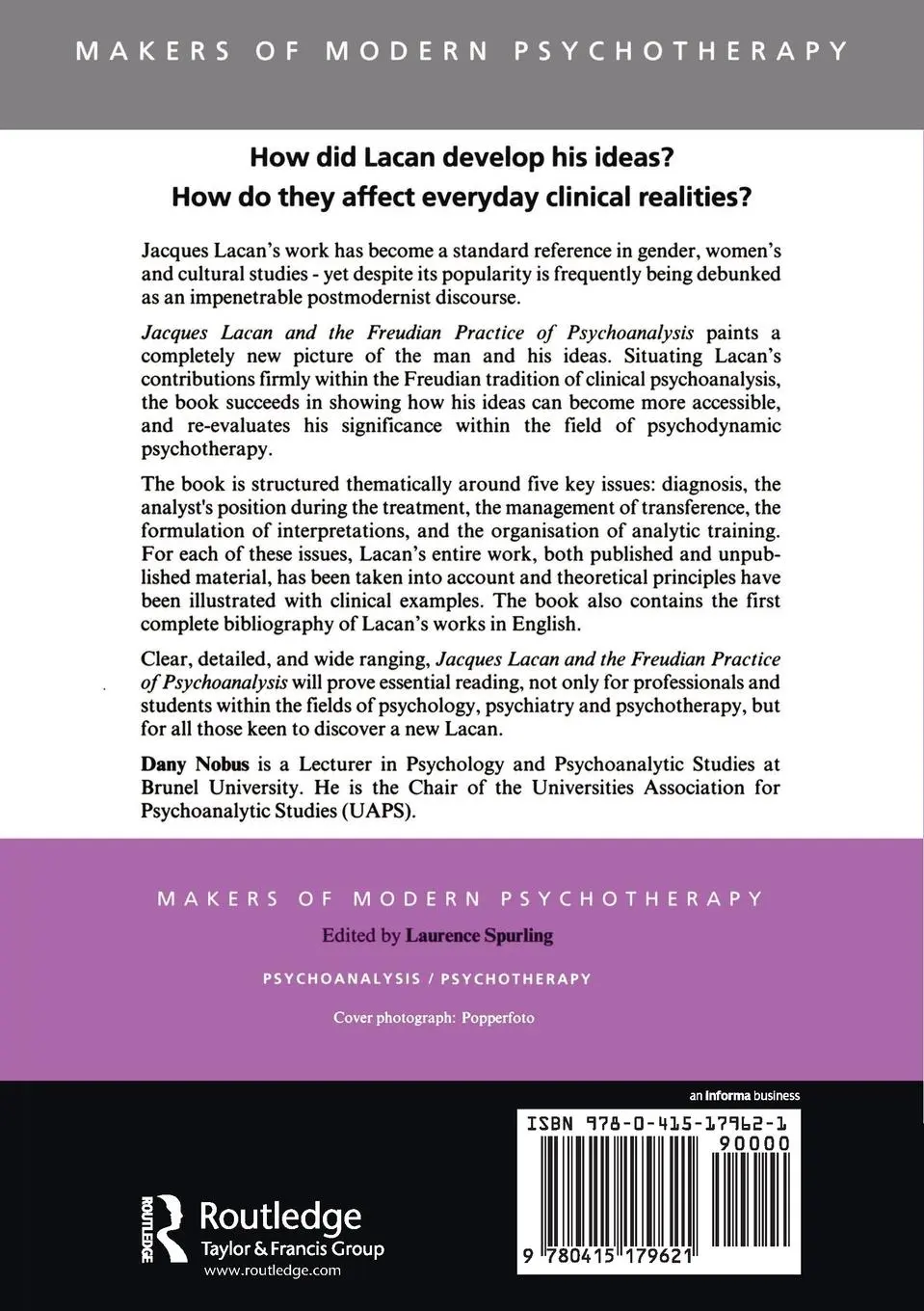 Rückseite: 9780415179621 | Jacques Lacan and the Freudian Practice of Psychoanalysis | Dany Nobus