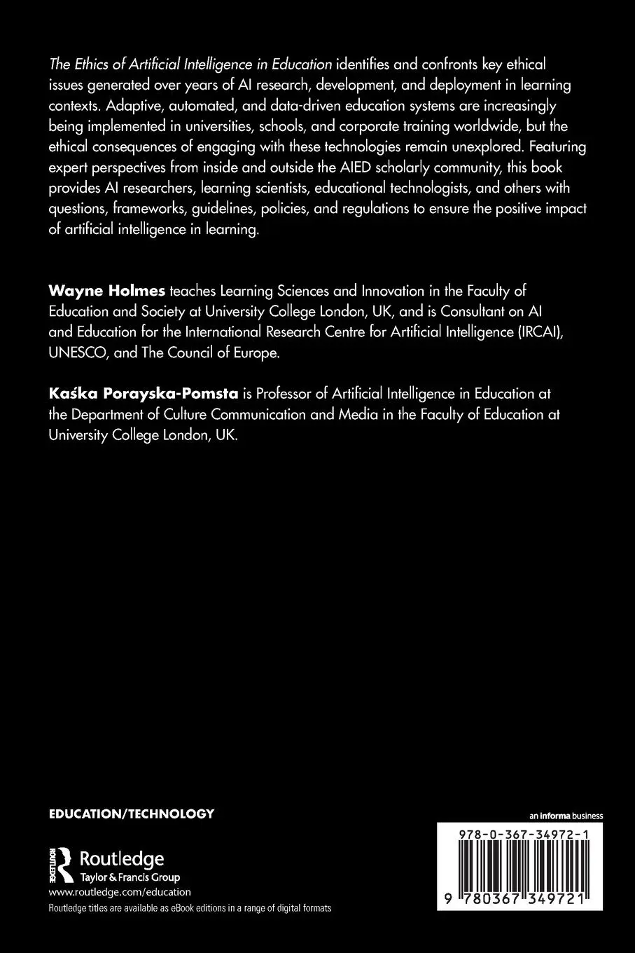Rückseite: 9780367349721 | The Ethics of Artificial Intelligence in Education | Holmes (u. a.)