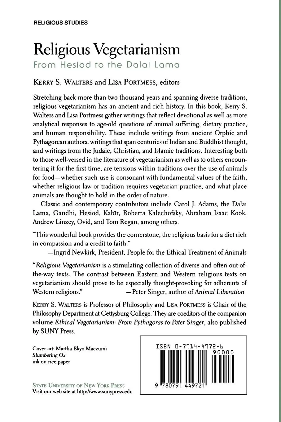 Rückseite: 9780791449721 | Religious Vegetarianism | From Hesiod to the Dalai Lama | Taschenbuch