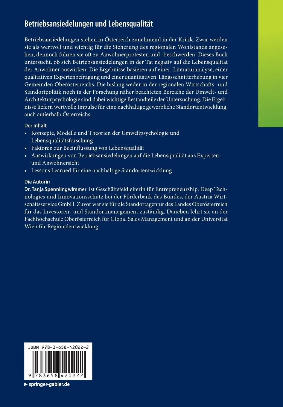 Rückseite: 9783658420222 | Betriebsansiedelungen und Lebensqualität | Tanja Spennlingwimmer | x