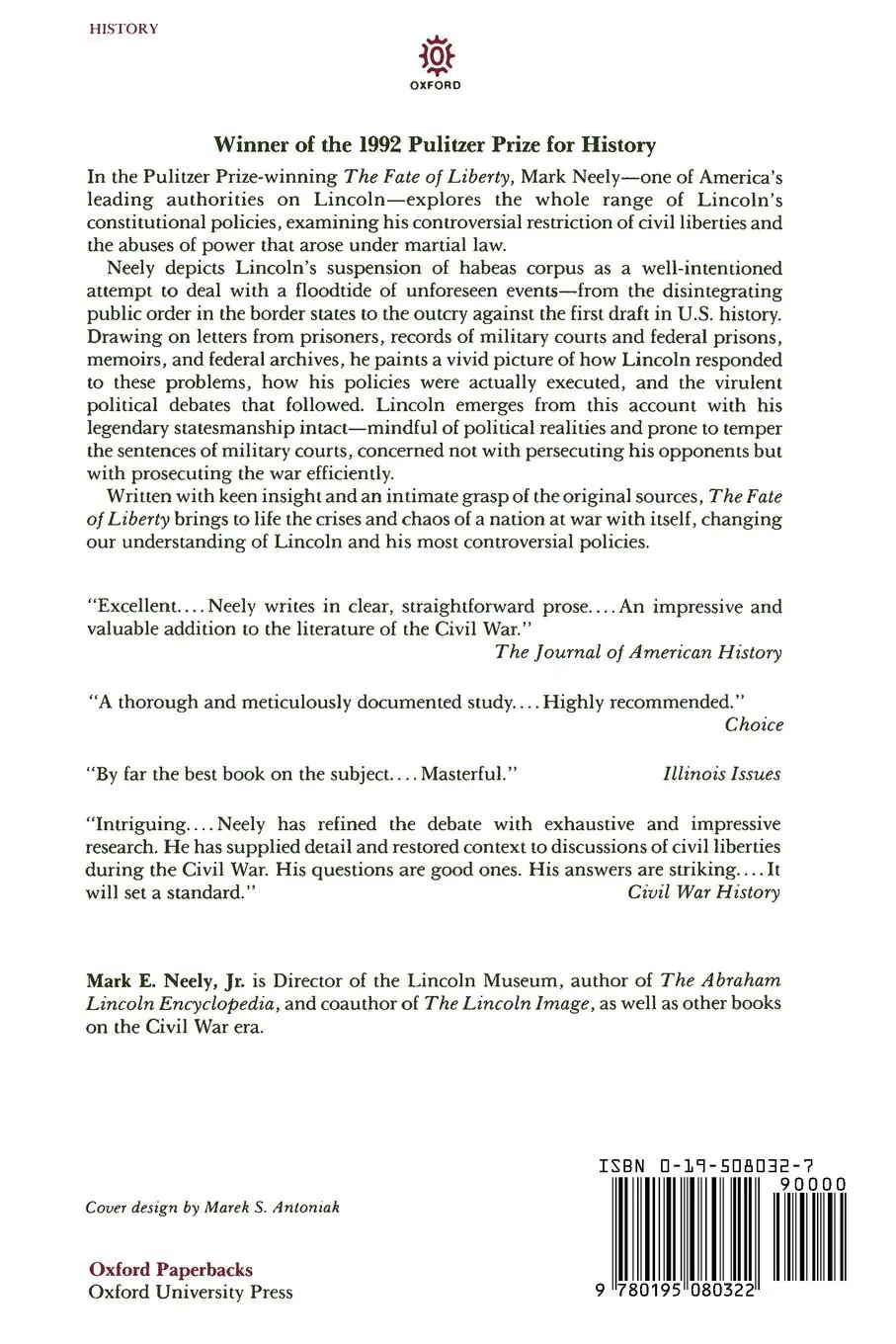 Rückseite: 9780195080322 | The Fate of Liberty | Abraham Lincoln and Civil Liberties | Neely