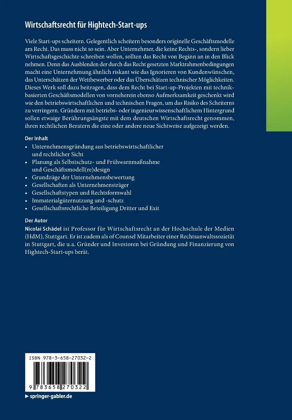 Rückseite: 9783658270322 | Wirtschaftsrecht für Hightech-Start-ups | Nicolai Schädel | Buch