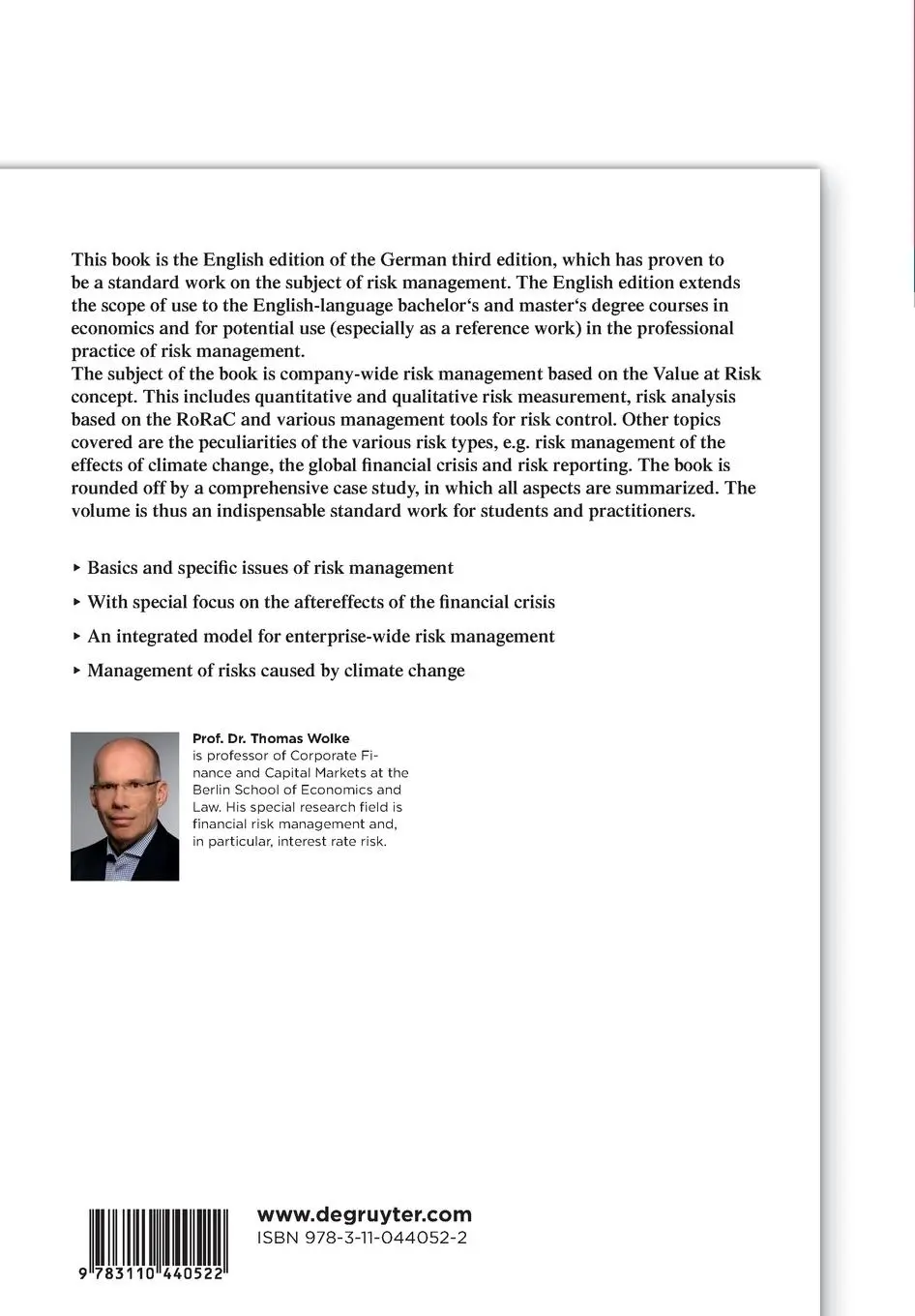 Rückseite: 9783110440522 | Risk Management | Thomas Wolke | Taschenbuch | XVIII | Englisch | 2017