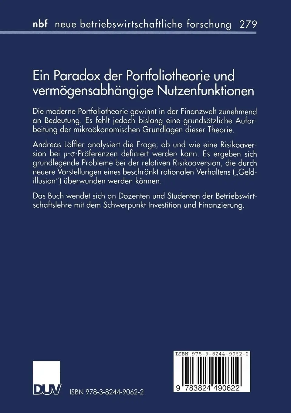 Rückseite: 9783824490622 | Ein Paradox der Portfoliotheorie und vermögensabhängige...