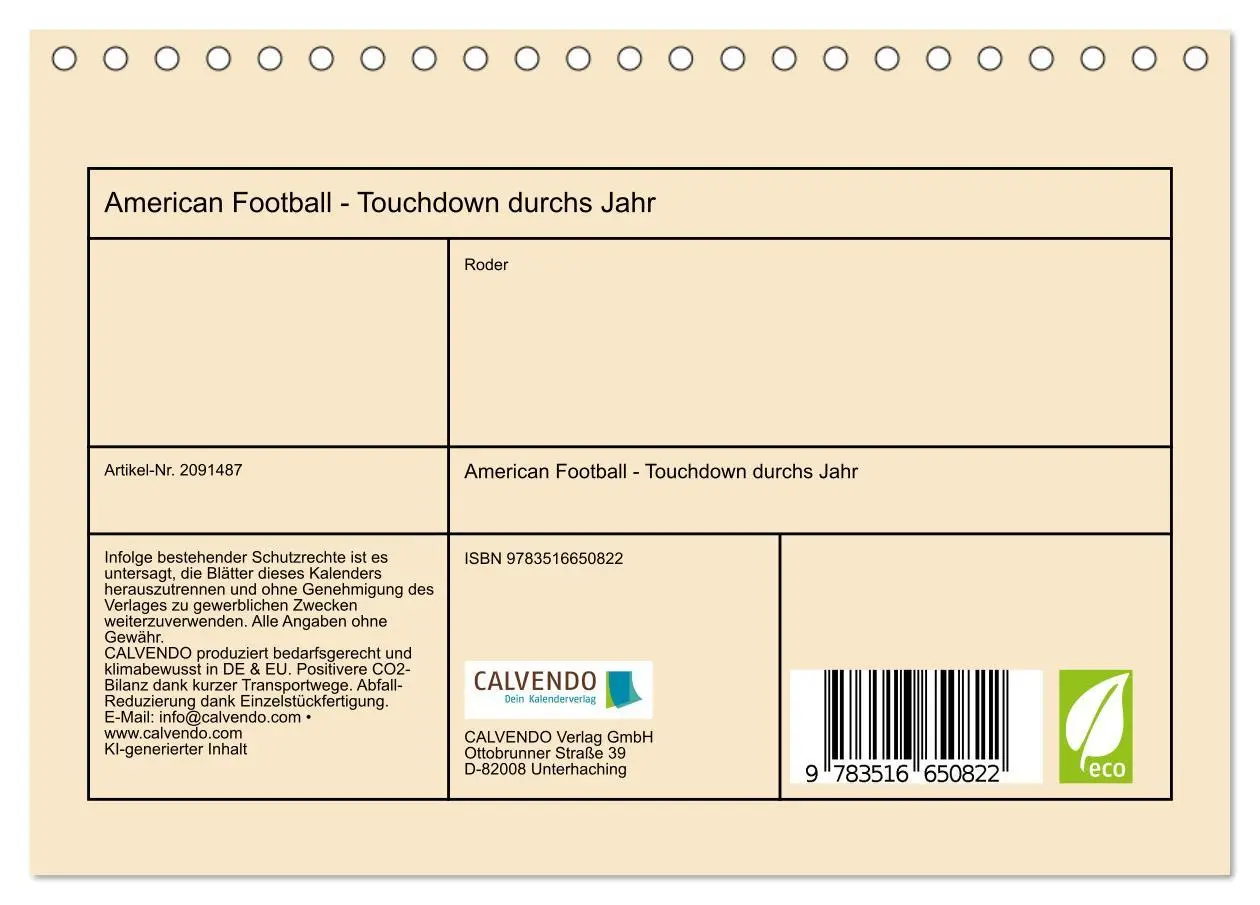 Bild: 9783516650822 | American Football - Touchdown durchs Jahr (Tischkalender 2026 DIN...