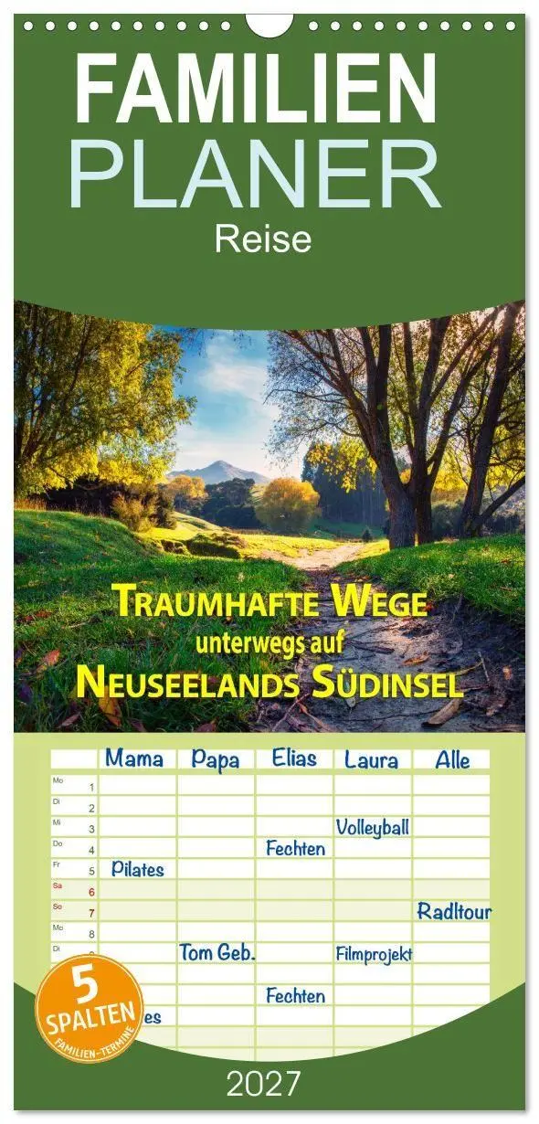 Cover: 9783594320822 | Familienplaner 2027 - Traumhafte Wege - Unterwegs auf Neuseelands...