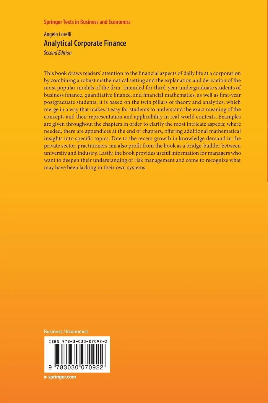 Rückseite: 9783030070922 | Analytical Corporate Finance | Angelo Corelli | Taschenbuch | xx