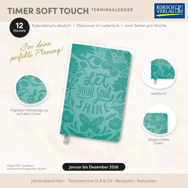 Bild: 9783731891222 | Timer Soft Touch türkis 2026 | Verlag Korsch | Buch | 128 S. | Deutsch