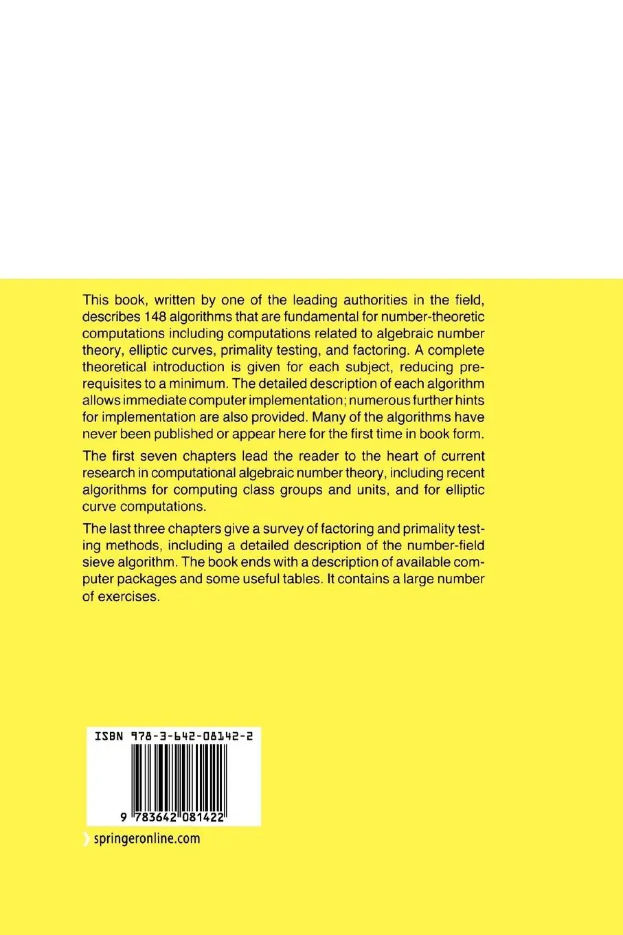 Rückseite: 9783642081422 | A Course in Computational Algebraic Number Theory | Henri Cohen | Buch