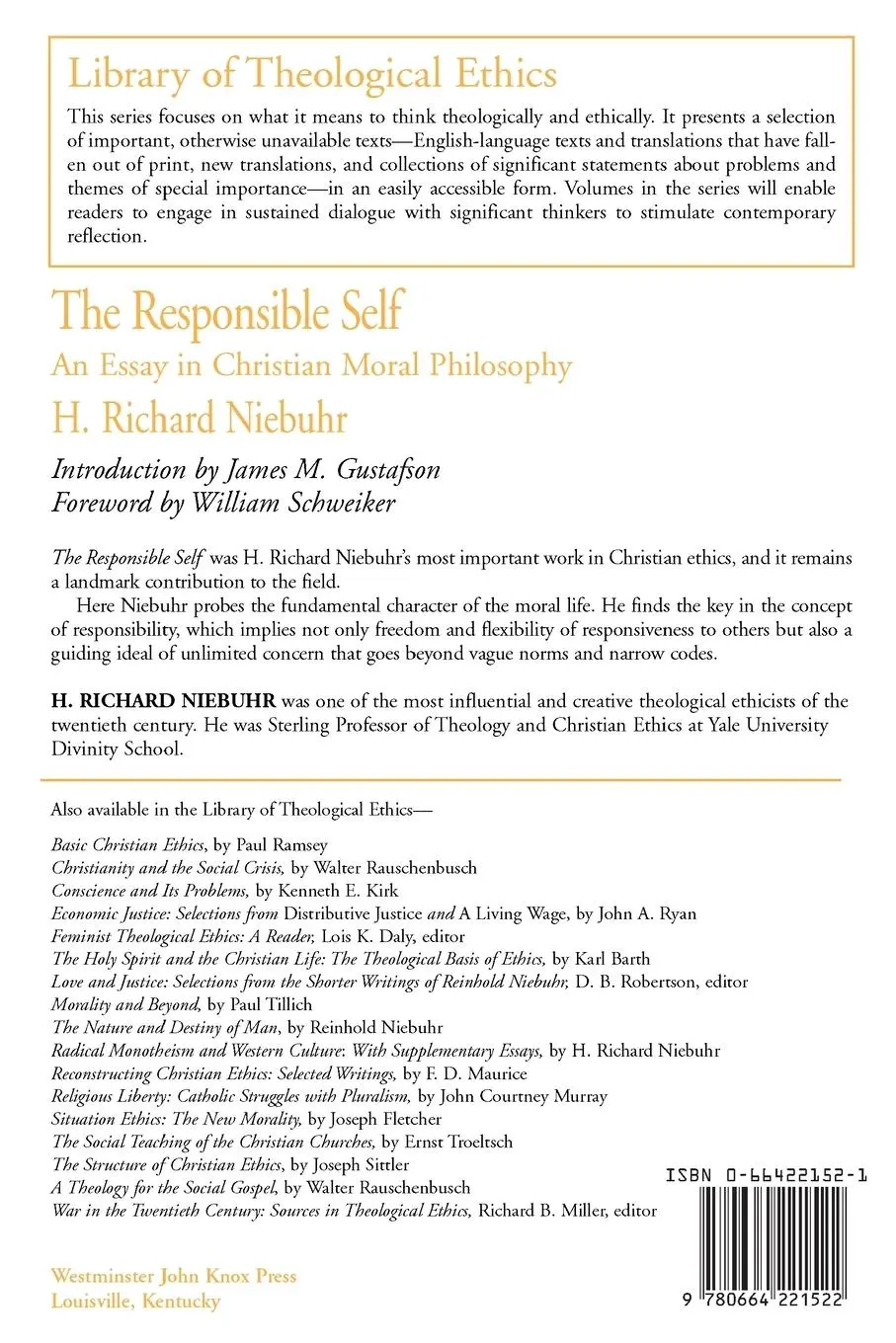 Rückseite: 9780664221522 | The Responsible Self | An Essay in Christian Moral Philosophy | Buch