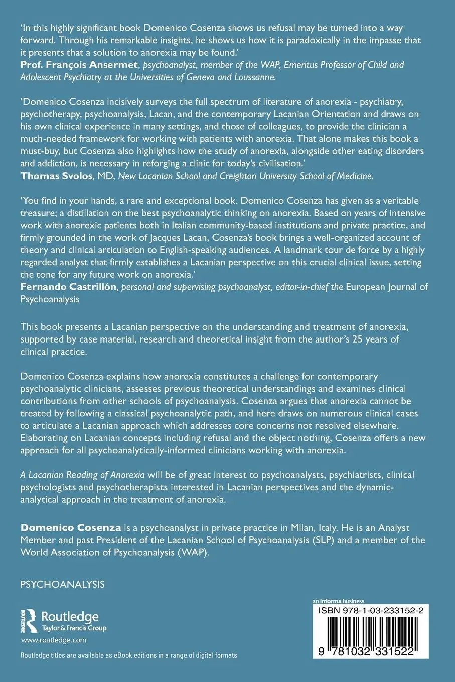Rückseite: 9781032331522 | A Lacanian Reading of Anorexia | Domenico Cosenza | Taschenbuch | 2023