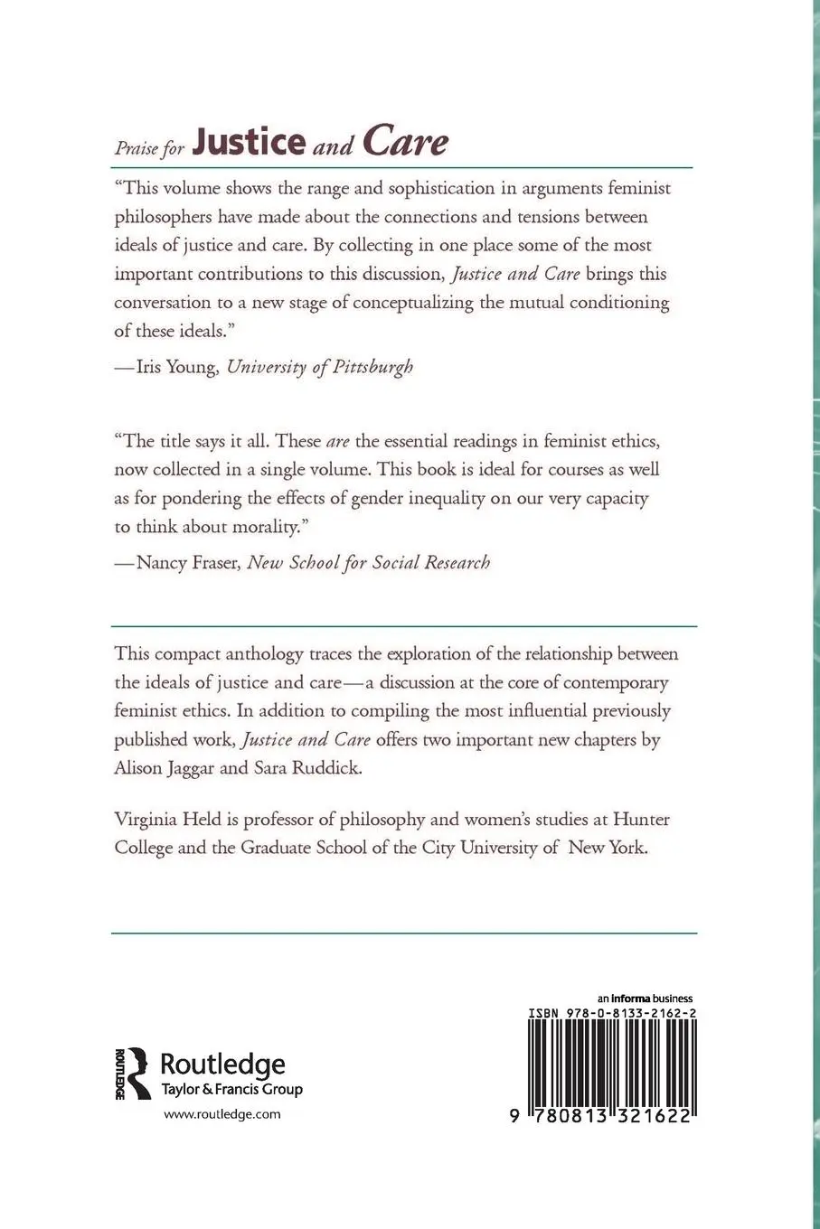 Rückseite: 9780813321622 | Justice And Care | Essential Readings In Feminist Ethics | Taschenbuch
