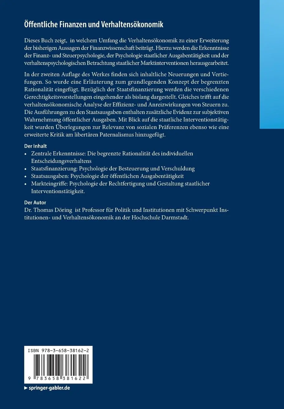 Rückseite: 9783658381622 | Öffentliche Finanzen und Verhaltensökonomik | Thomas Döring | Buch