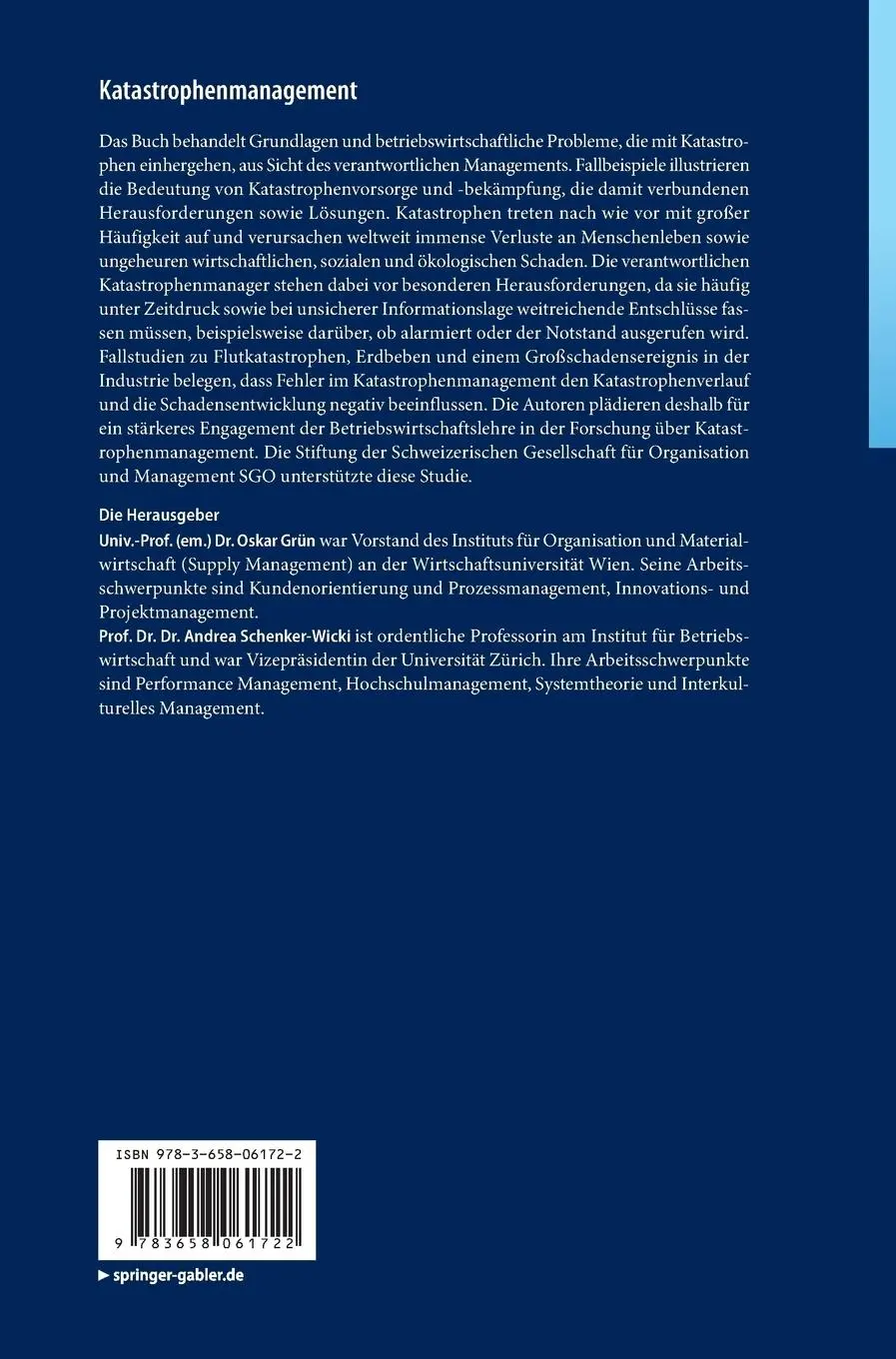 Rückseite: 9783658061722 | Katastrophenmanagement | Andrea Schenker-Wicki (u. a.) | Buch | xvi