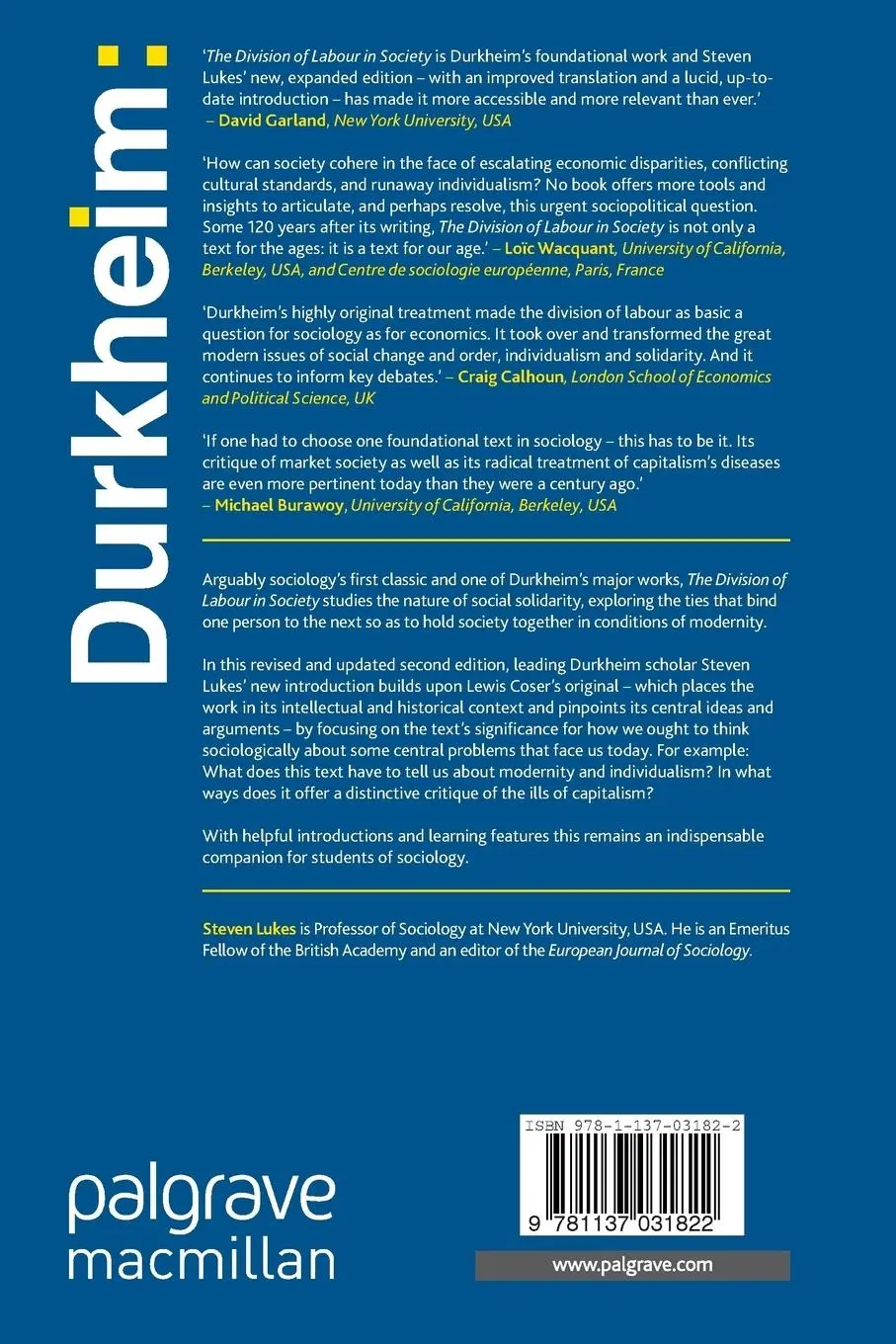 Rückseite: 9781137031822 | Durkheim | The Division of Labour in Society | Emile Durkheim | Buch