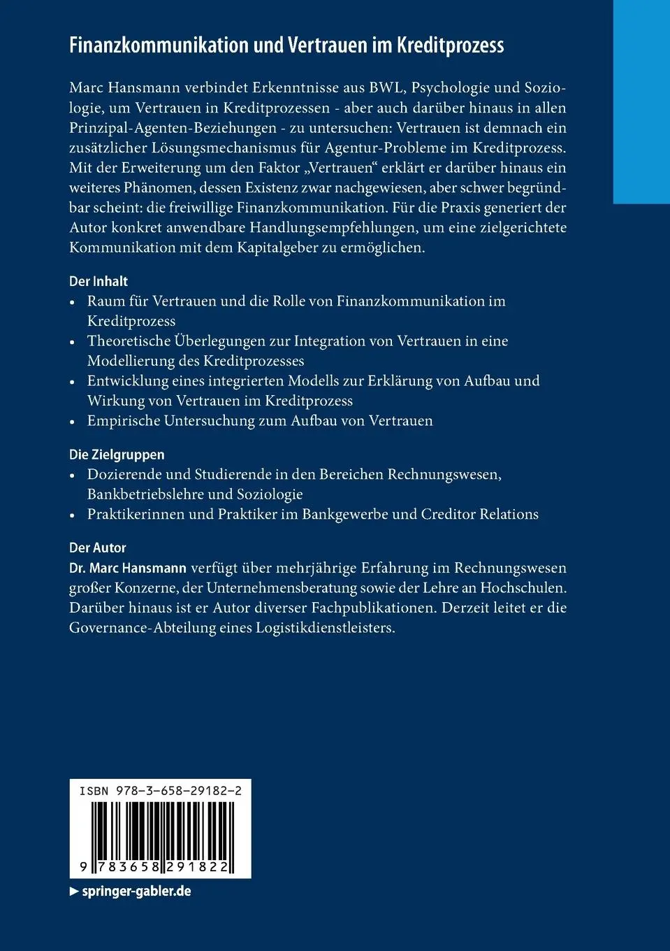 Rückseite: 9783658291822 | Finanzkommunikation und Vertrauen im Kreditprozess | Marc Hansmann