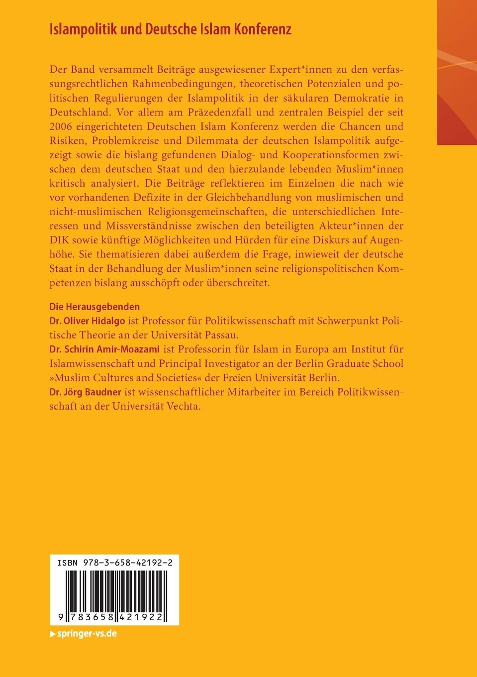 Rückseite: 9783658421922 | Islampolitik und Deutsche Islam Konferenz | Oliver Hidalgo (u. a.)