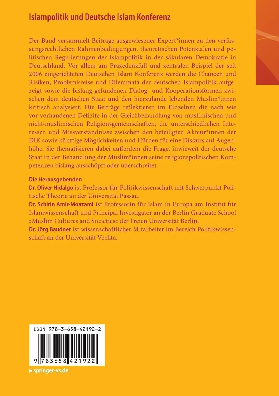 Rückseite: 9783658421922 | Islampolitik und Deutsche Islam Konferenz | Oliver Hidalgo (u. a.)