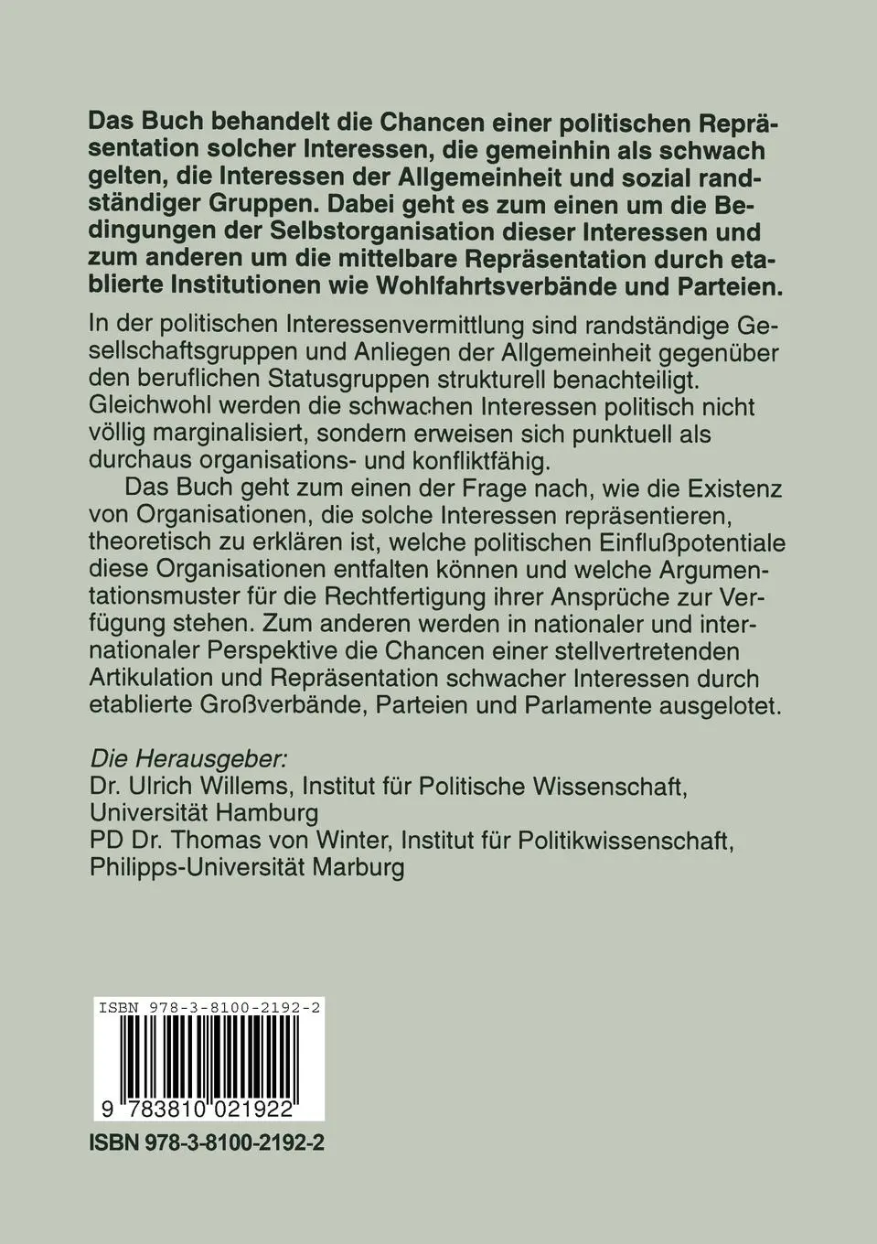 Rückseite: 9783810021922 | Politische Repräsentation schwacher Interessen | Thomas Winter (u. a.)