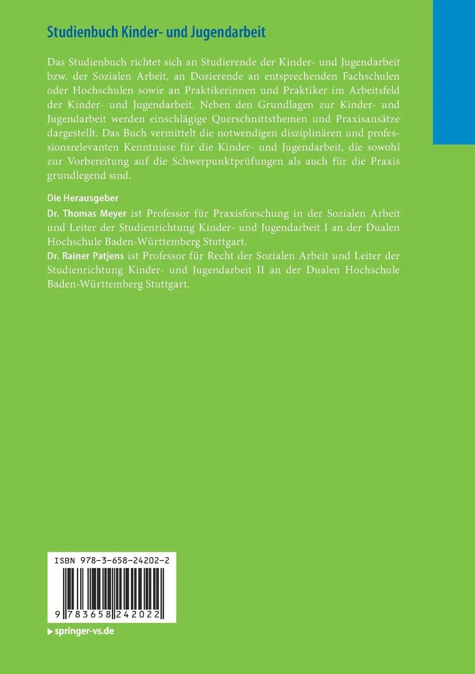 Rückseite: 9783658242022 | Studienbuch Kinder- und Jugendarbeit | Rainer Patjens (u. a.) | Buch