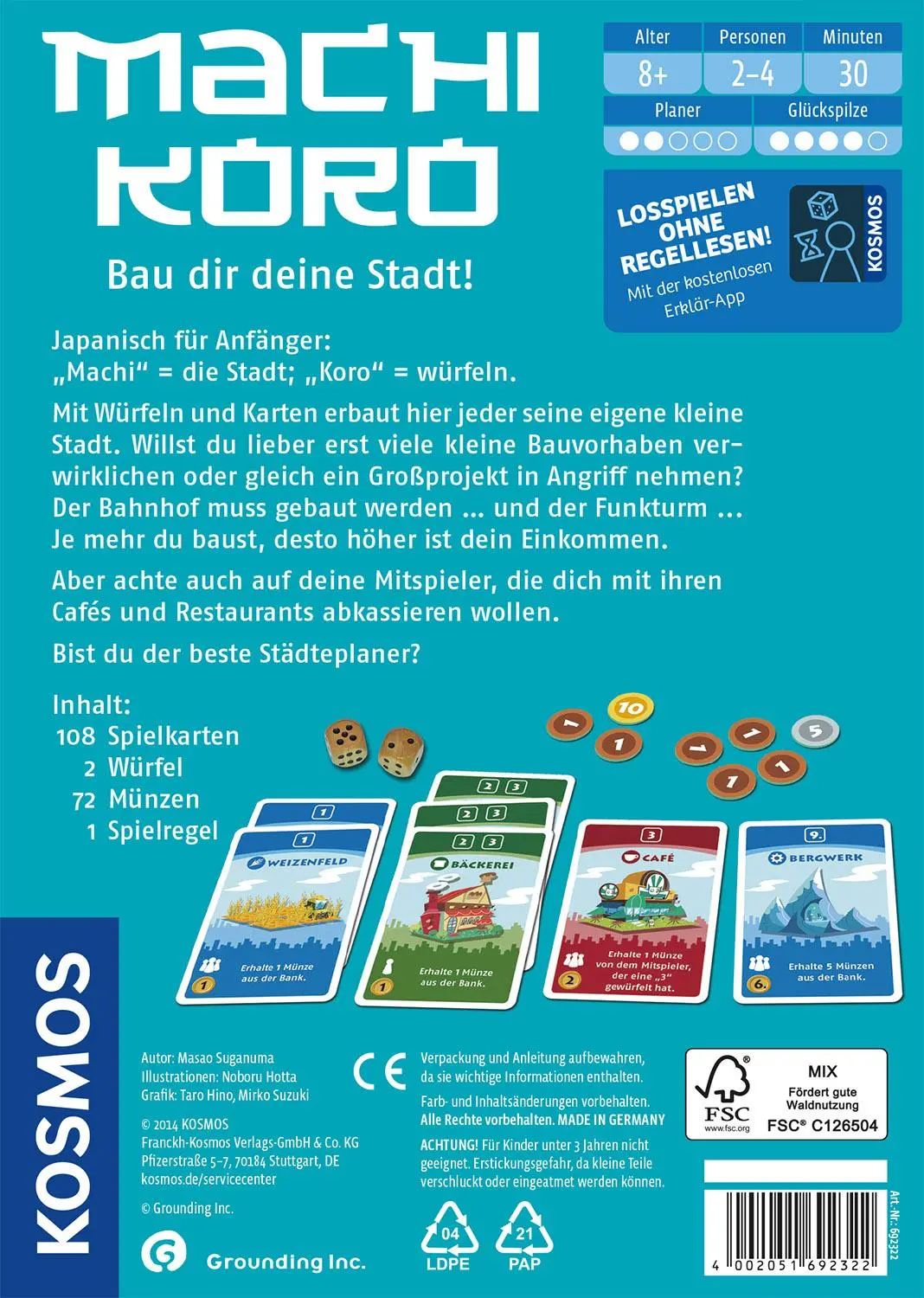 Rückseite: 4002051692322 | Machi Koro | Für 2 - 4 Spieler | Masao Suganuma | Spiel | Brettspiel