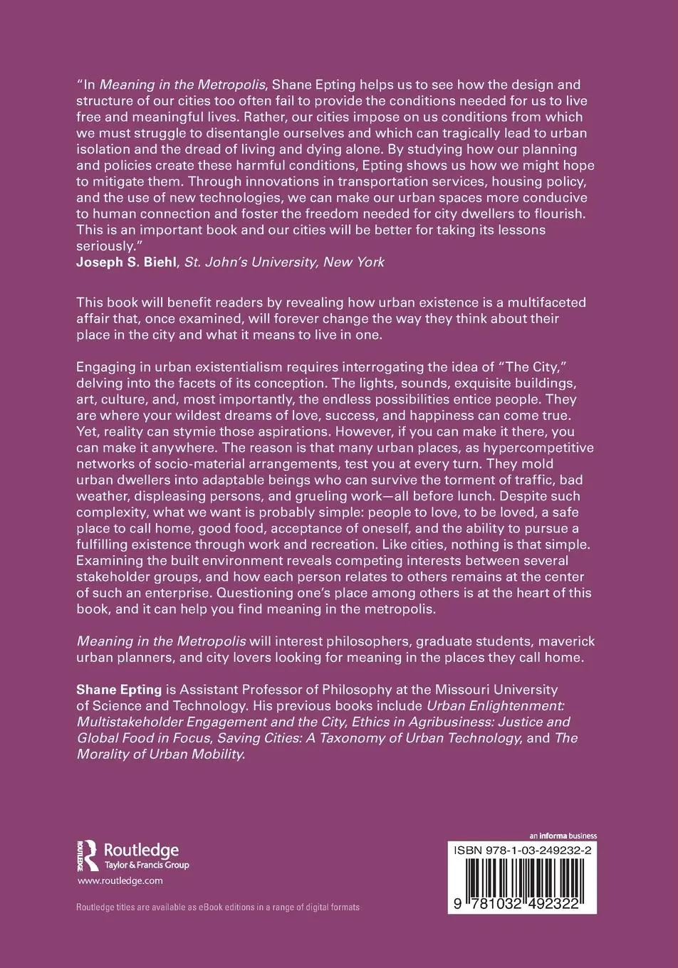 Rückseite: 9781032492322 | Meaning in the Metropolis | Toward an Urban Existentialism | Epting