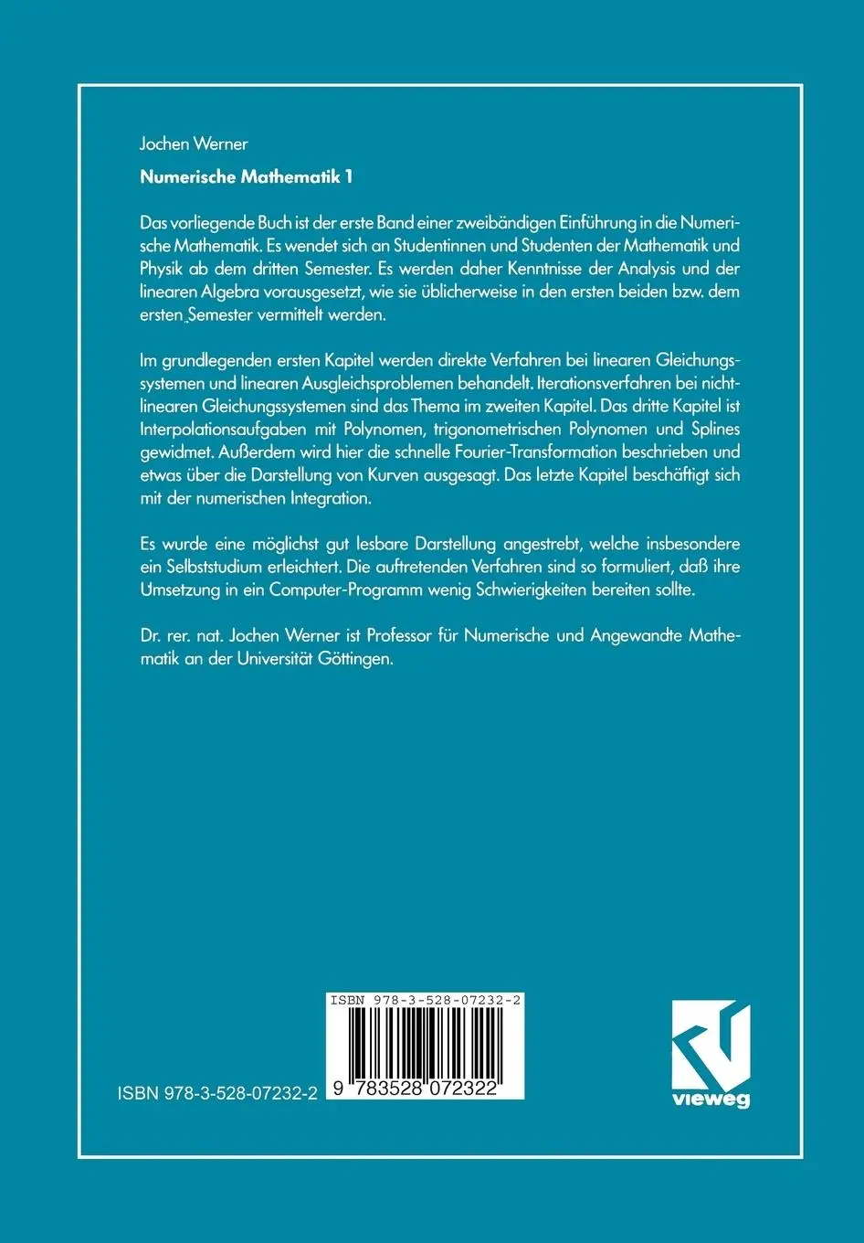 Rückseite: 9783528072322 | Numerische Mathematik | Jochen Werner | Taschenbuch | ix | Deutsch