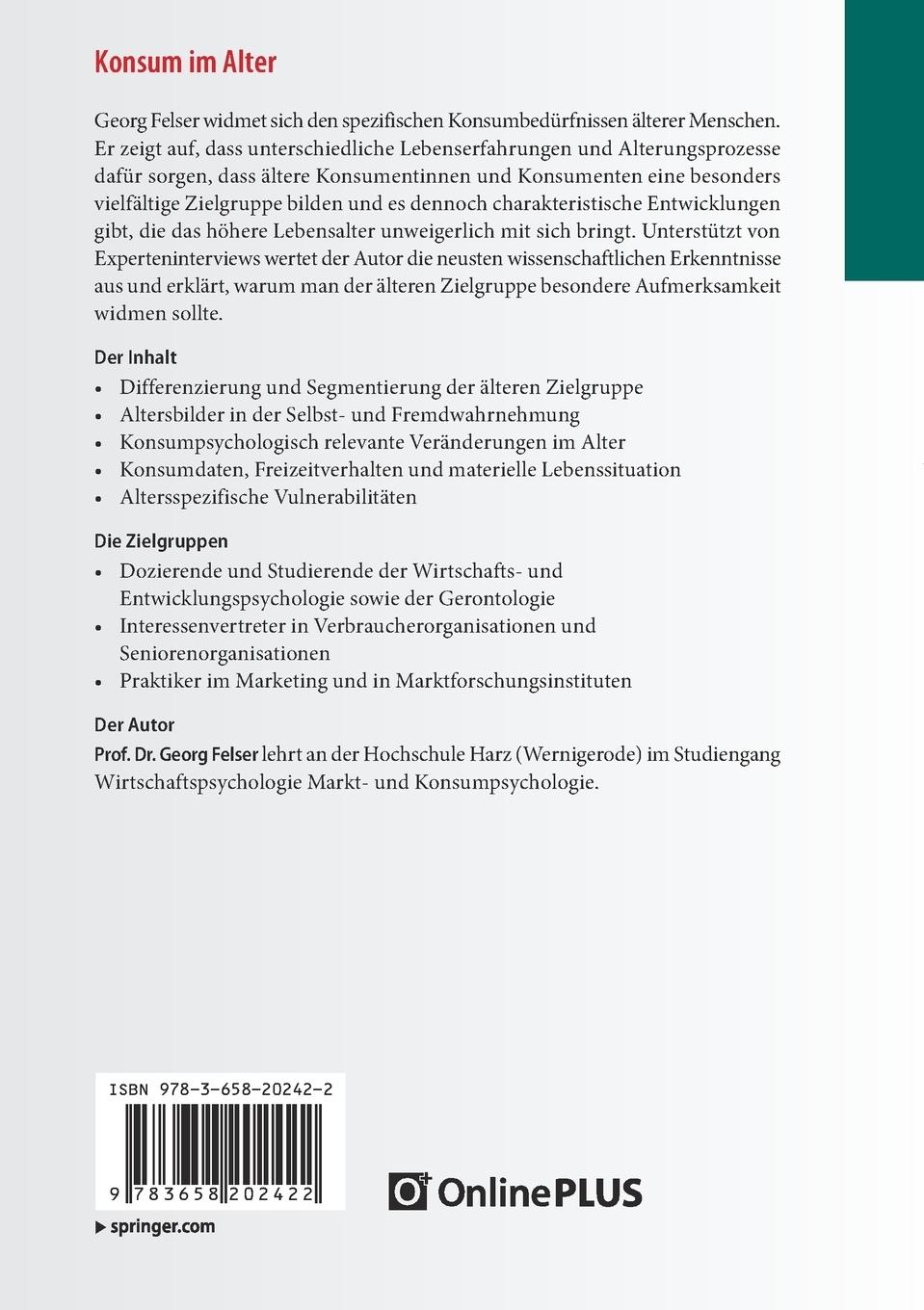 Rückseite: 9783658202422 | Konsum im Alter | Georg Felser | Taschenbuch | xv | Deutsch | 2018