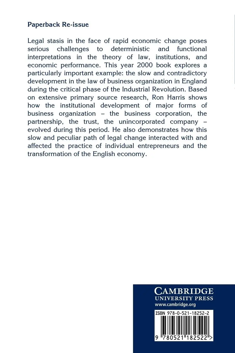 Rückseite: 9780521182522 | Industrializing English Law | Ron Harris | Taschenbuch | Englisch
