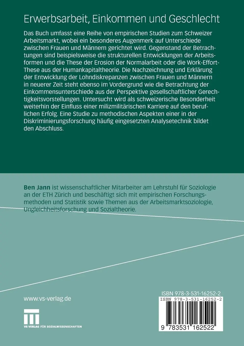 Rückseite: 9783531162522 | Erwerbsarbeit, Einkommen und Geschlecht | Ben Jann | Taschenbuch | vi