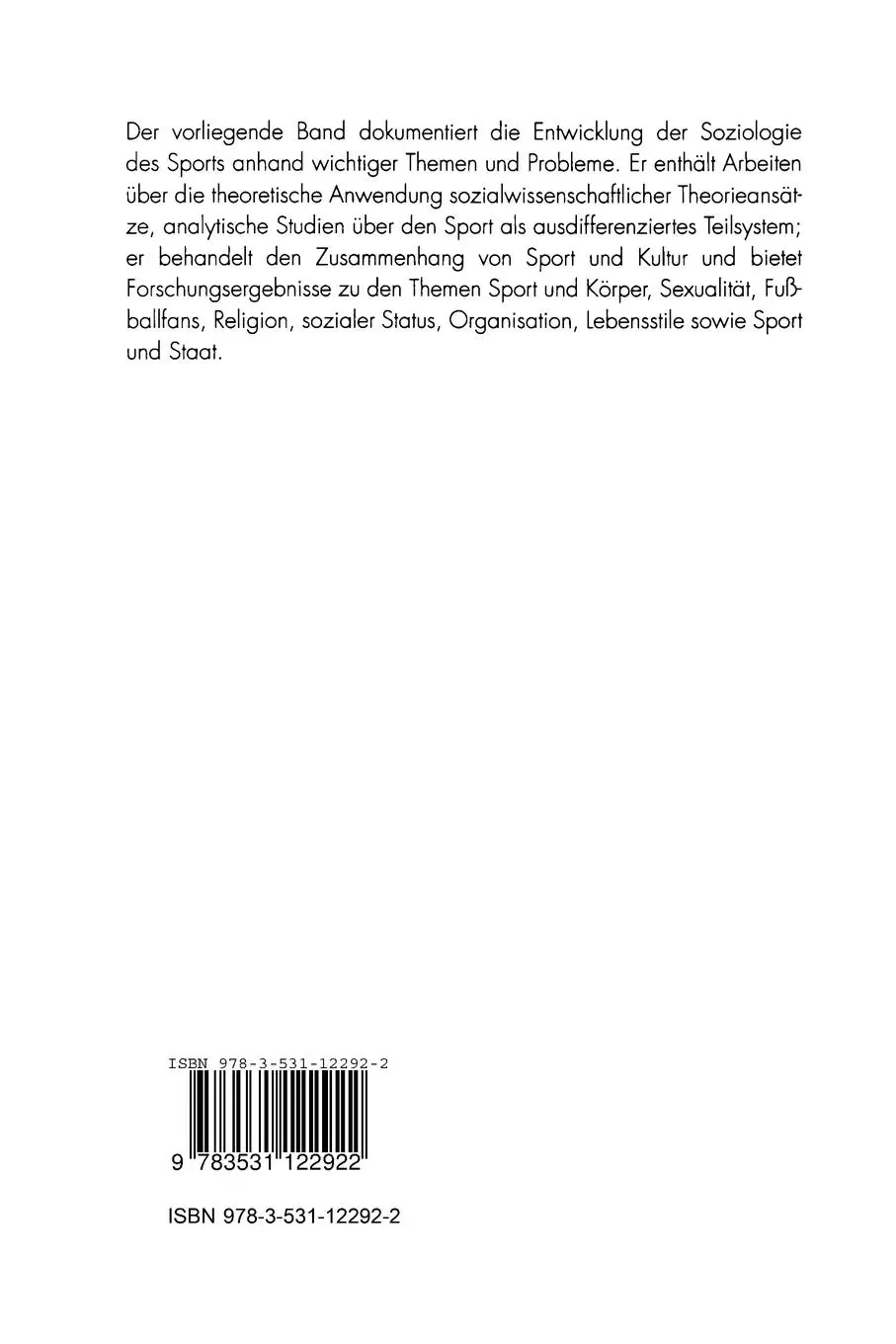 Rückseite: 9783531122922 | Soziologie des Sports | Kurt Weis | Taschenbuch | 290 S. | Deutsch