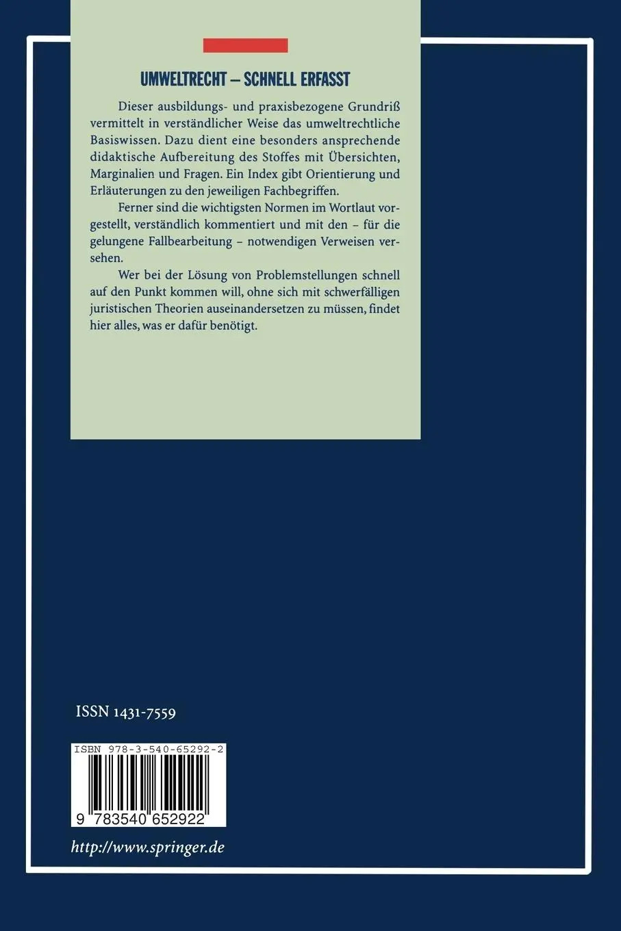 Rückseite: 9783540652922 | Umweltrecht | Schnell erfaßt | Detlef Kröger (u. a.) | Taschenbuch