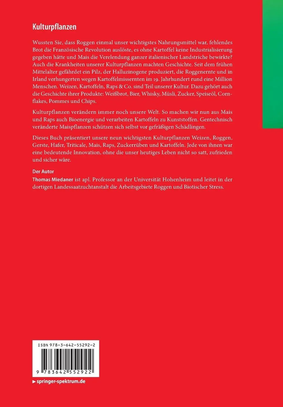 Rückseite: 9783642552922 | Kulturpflanzen | Botanik - Geschichte - Perspektiven | Thomas Miedaner