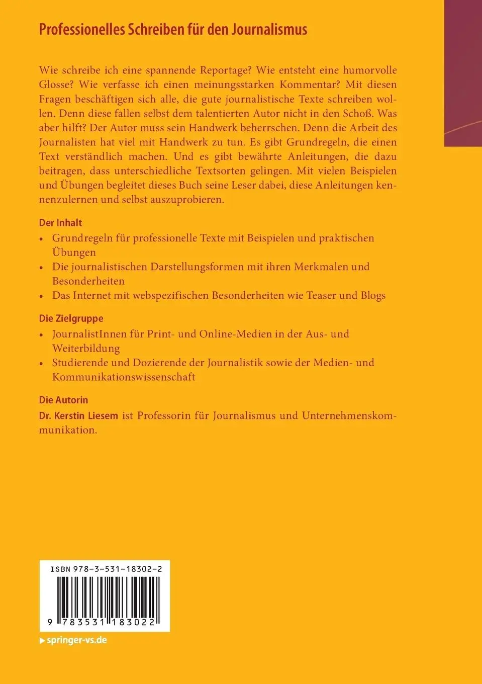 Rückseite: 9783531183022 | Professionelles Schreiben für den Journalismus | Kerstin Liesem | Buch