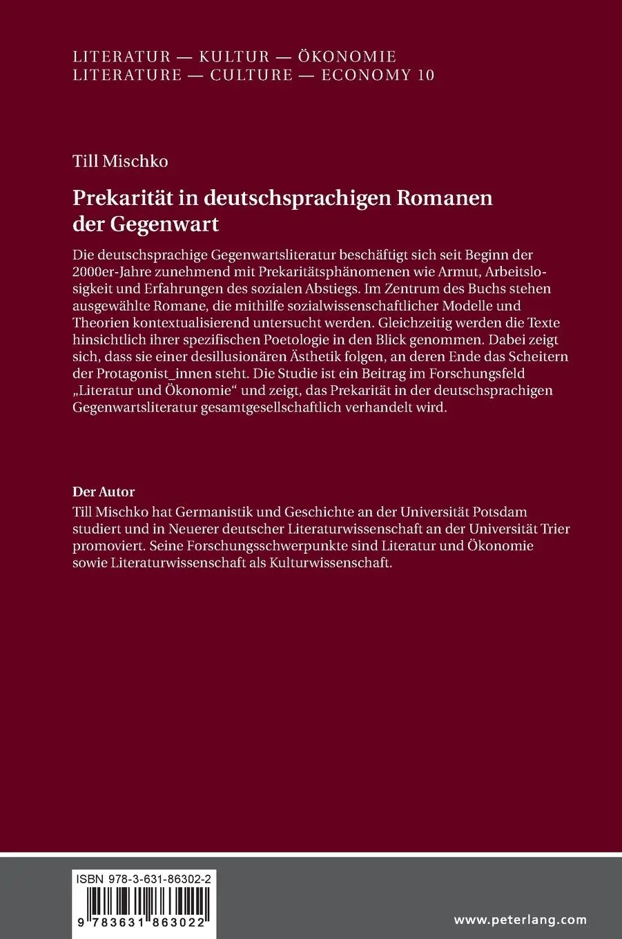 Rückseite: 9783631863022 | Prekarität in deutschsprachigen Romanen der Gegenwart | Till Mischko