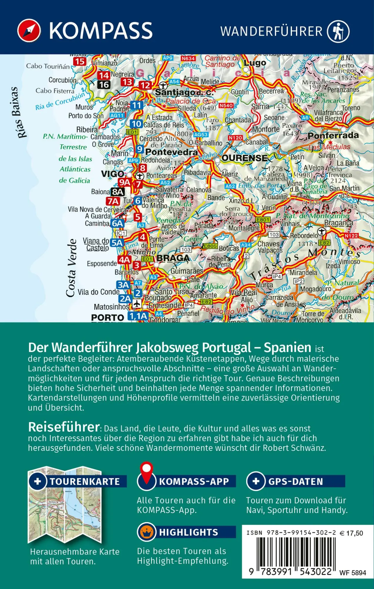Rückseite: 9783991543022 | KOMPASS Wanderführer Jakobsweg Portugal - Spanien, 25 Etappen mit...