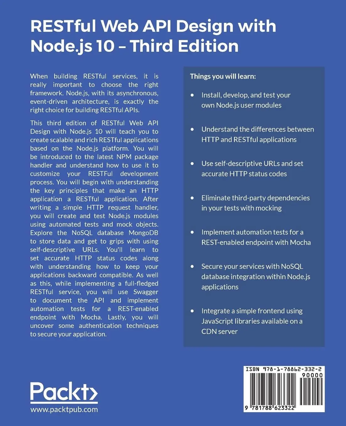 Rückseite: 9781788623322 | RESTful Web API Design with Node.js 10, Third Edition | Bojinov | Buch