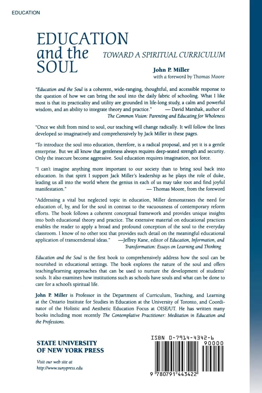 Rückseite: 9780791443422 | Education and the Soul | Toward a Spiritual Curriculum | Miller | Buch