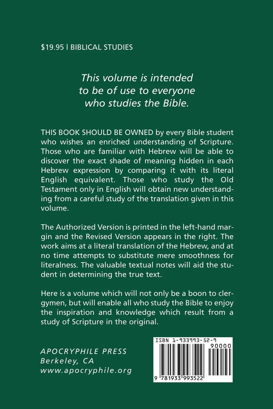 Rückseite: 9781933993522 | Interlinear Hebrew-English Old Testament (Genesis - Exodus) | Berry