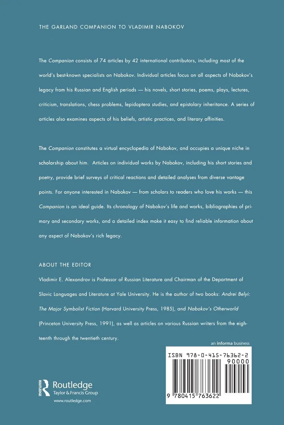 Rückseite: 9780415763622 | The Garland Companion to Vladimir Nabokov | Vladimir E. Alexandrov