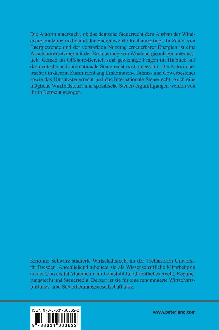 Rückseite: 9783631663622 | Die steuerliche Behandlung von Windenergieanlagen | Karoline Schwarz