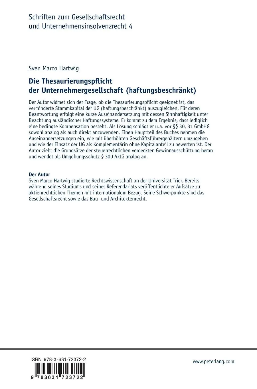 Rückseite: 9783631723722 | Die Thesaurierungspflicht der Unternehmergesellschaft...