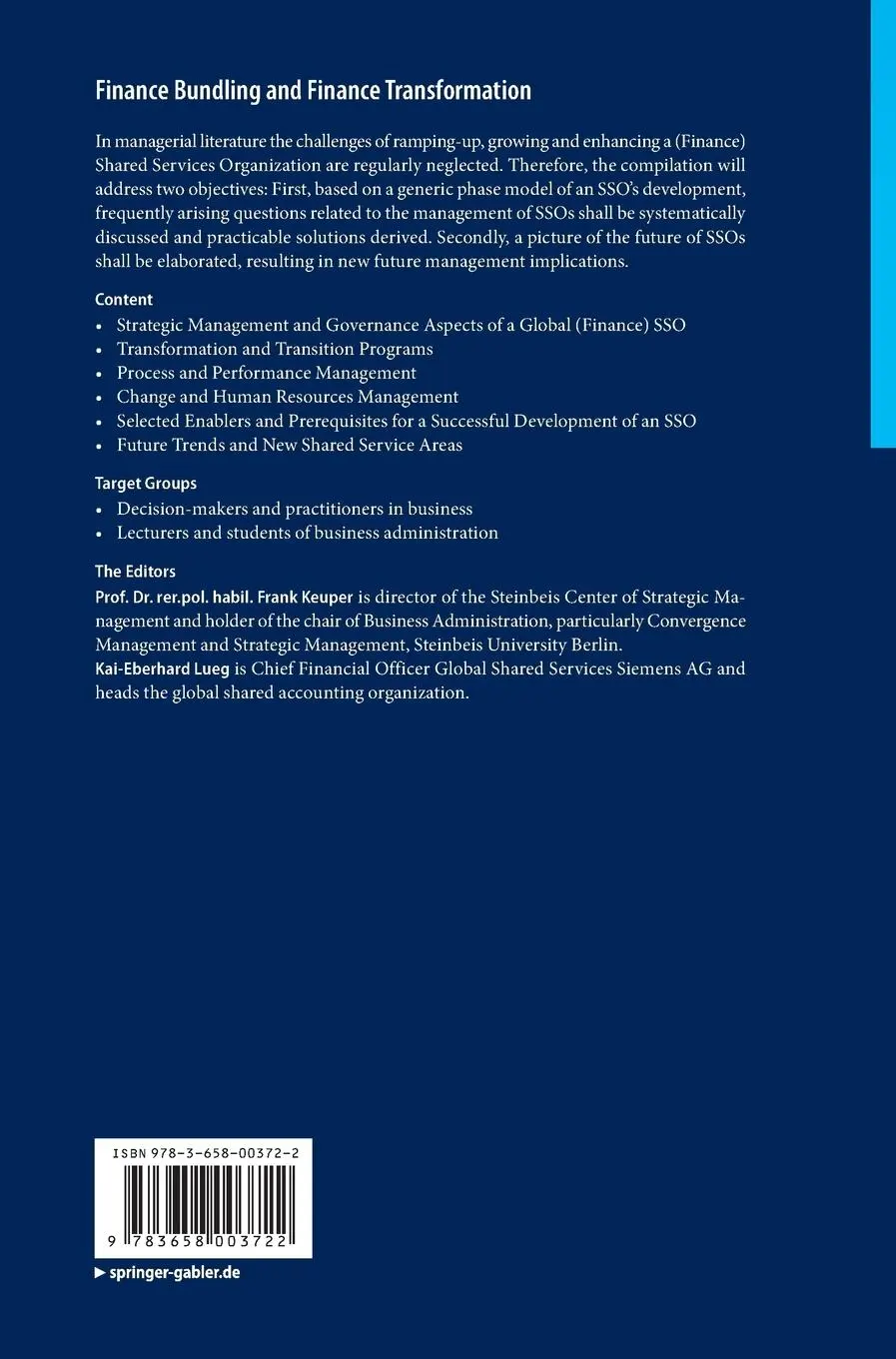 Rückseite: 9783658003722 | Finance Bundling and Finance Transformation | Lueg (u. a.) | Buch | xv