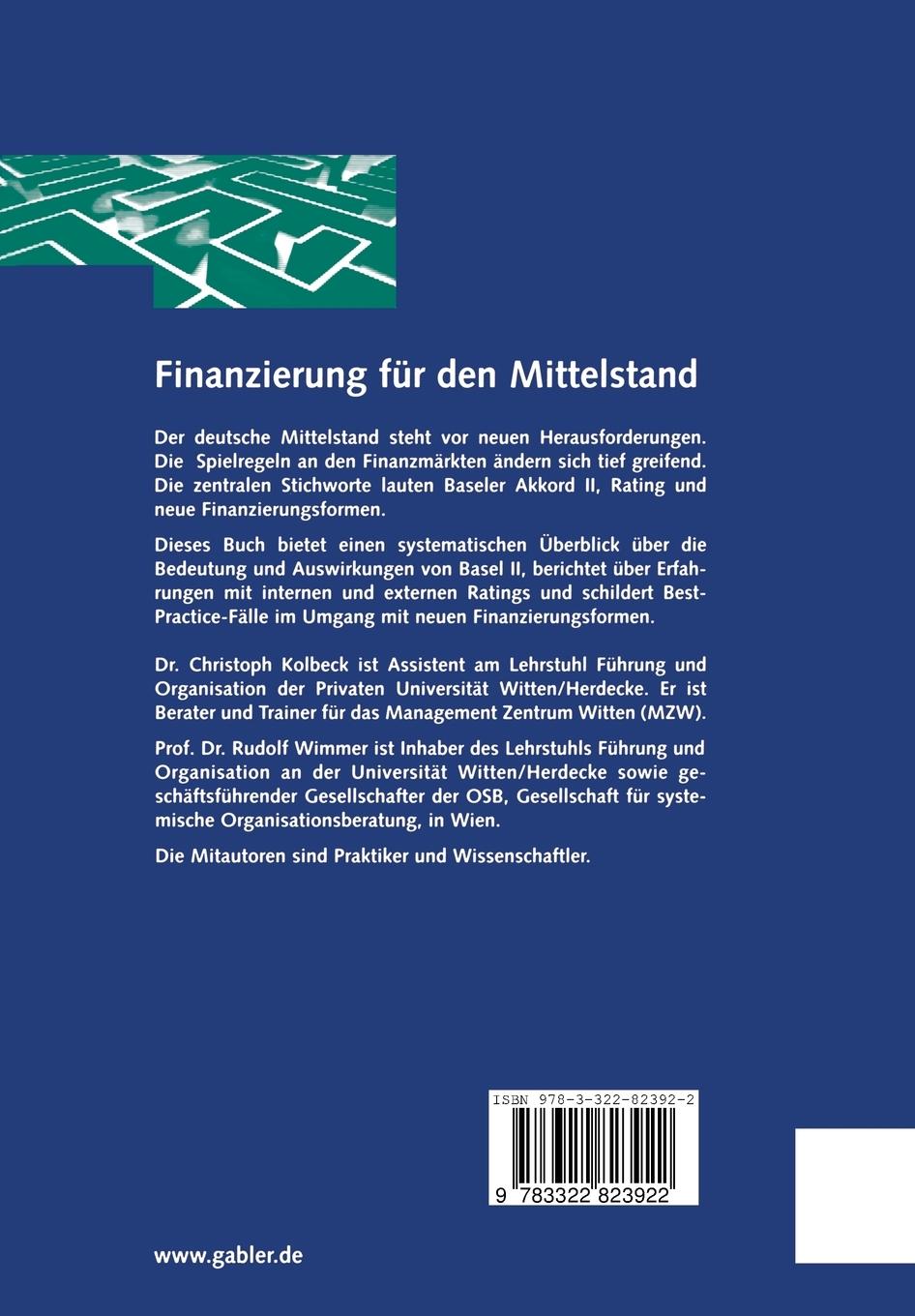 Rückseite: 9783322823922 | Finanzierung für den Mittelstand | Rudolph Wimmer (u. a.) | Buch