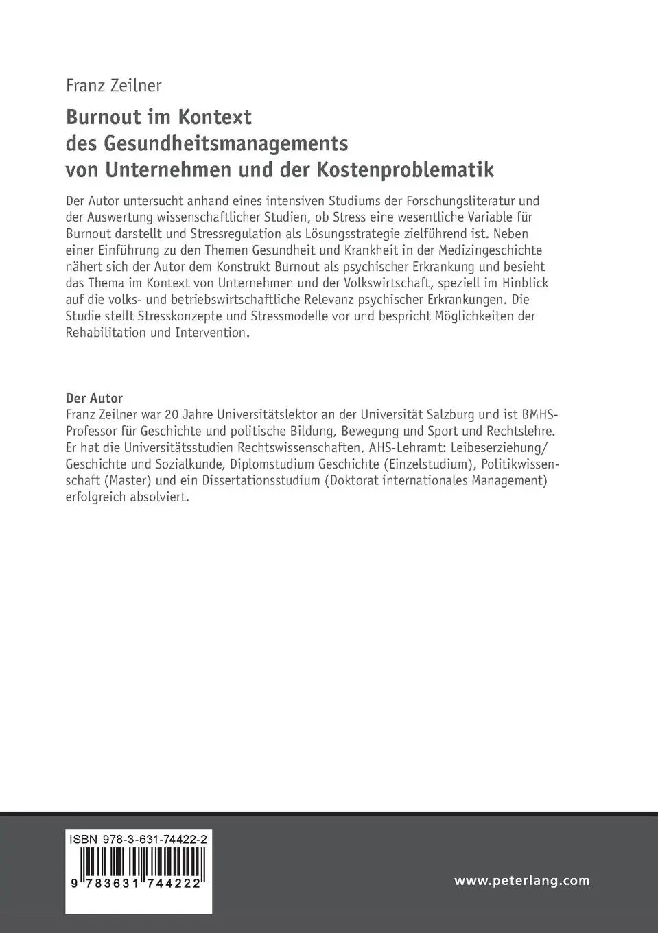 Rückseite: 9783631744222 | Burnout im Kontext des Gesundheitsmanagements von Unternehmen und...